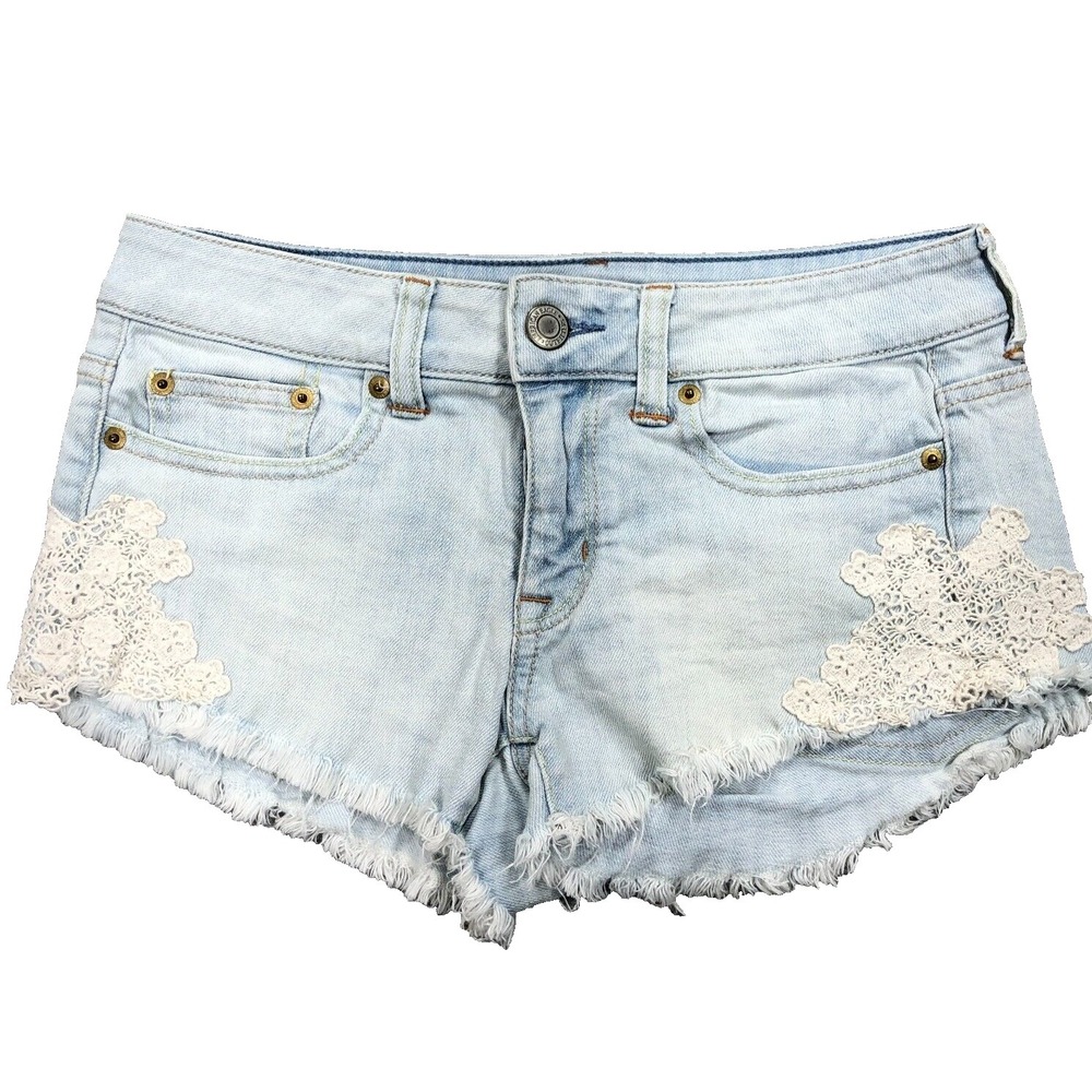 American Eagle Shorts Women 2 Cut Off Low Rise Light Raw Hem Lace Trim Booty